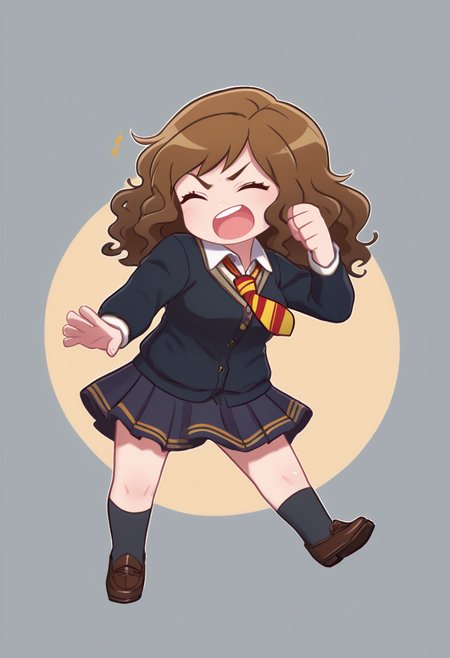 score_9, score_8_up, score_7_up, score_6_up, score_5_up, score_4_up, BREAK,
1girl, chibi, hermione granger, cheering, brown hair, wavy hair,
hogwarts school uniform, black robe,
