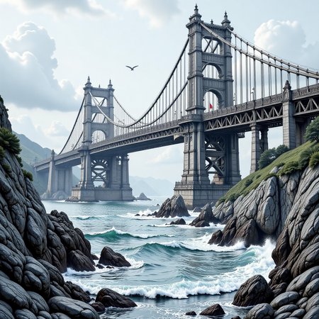 a massive bridge over the ocean, in the style of hyp3rd3tail