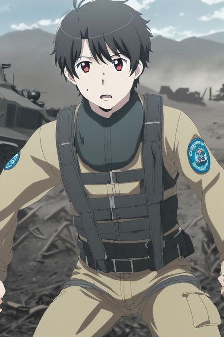 high resolution, solo, best quality, 1Boy, Inaho Kaizuka, Black Hair, military, action, OverallDetail