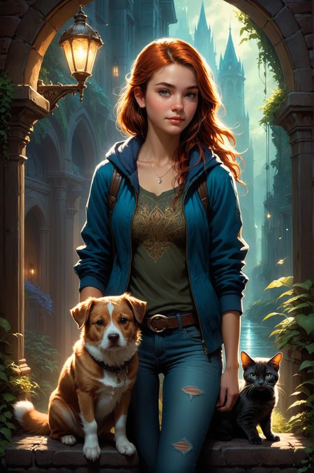 by  Thomas Kinkade  and  Charlie Bowater  in the style of  Craig Mullins ,   cute 18 year old woman and her pet    <lora:more_art:0.30> <lora:midjourney:-0.15> <lora:RMSDXL_Enhance:0.50> <lora:RMSDXL_Creative:0.50> <lora:RMSDXL_Photo:0.50> <lora:RMSDXL_Darkness_Cinema:0.50> <lora:clothing_slider:2.00> <lora:great_lighting:1.50> <lora:aesthetic:1.50> <lora:photorealistic_portrait:1.50> <lora:extremely_detailed:1.50> <lora:dpo:0.25>