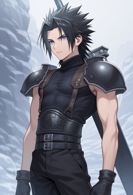 masterpiece,best quality,amazing quality, source_anime,
ZakkusuFea, 1boy, male focus, solo, blue eyes, black hair, spiked hair, short hair, shoulder armor, sleeveless turtleneck, gloves, black gloves, multiple belts, black pants, buster sword, outdoor,
