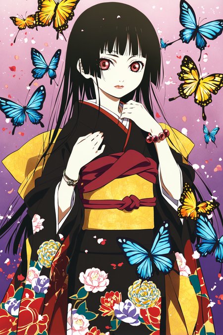 Enma Ai,1girl,solo,japanese clothes,long hair,butterfly,bug,black hair,kimono,hime cut,bangs,bracelet,blunt bangs,jewelry,black kimono,red eyes,looking at viewer,
<lora:JigokuShoujo_XL_v2:0.8>,
