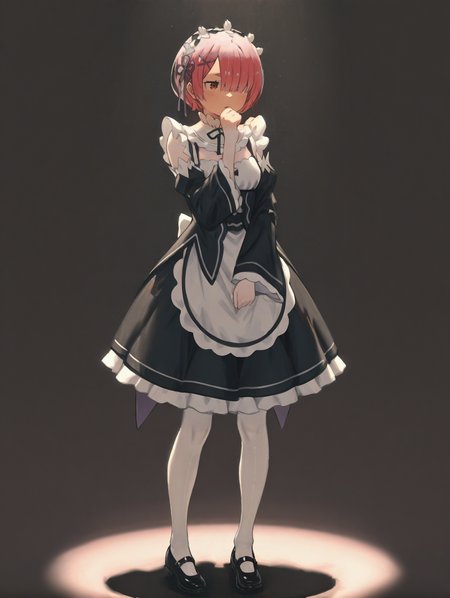 perfect quality,high quality,masterpiece,best quality,amazing quality,very aesthetic,absurdres,Cinematic Lighting,newest,Tactical use of shadow,
front view,full_shot,Sincere laughter,
RAMCYQL,1girl,solo,short hair,bangs,pink hair,hair over one eye,red eyes,hair ornament,x hair ornament,maid headdress,ribbon,hair ribbon,purple ribbon,maid,roswaal mansion maid uniform,black dress,detached sleeves,long sleeves,apron,waist apron,white apron,frills,pantyhose,white pantyhose,mary janes,black footwear,cleavage,
full body,standing,hand_to_mouth,,
brown background,simple background,
<lora:spo_sdxl_10ep_4k-data_lora_webui>,<lora:NOOB_EPSv1_1_detailer_by_vlnvk_v1_0>,<lora:shiej007>,,<lora:RAMCYQL:1>,