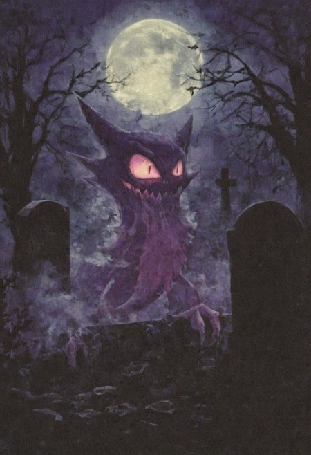 In a dark and grim graveyard, Haunter_Pokemon, pokemon \(creature\), haunter pokemon floating up over gravestones, haunter glows with an eerie purple lights, haunter looks decayed and terrifying, haunters eyes and mouth glow. Several other eerie lights hover and glow in the graveyard, as pale moonlight shines dimly behind the nighttime clouds and mist. Everything is limited color, detailed and haunting in this creepy, gothic scene.