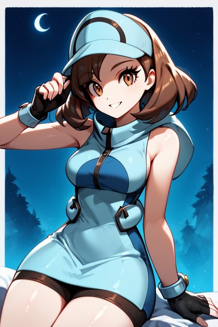score_9, score_8_up, score_8, medium breasts, (curvy), cute, eyelashes,      ,  zzAceSM, brown eyes, brown hair, medium hair, visor cap, fingerless gloves, sleeveless, hat, black gloves, bike shorts, blue headwear,  ,  <lora:AceTrainerPokemonSM_PDXL:1.0>,  BREAK, ,,, upper body, smile, looking at viewer, ,,, shiny skin, <lora:ProAnime_PDXL_v1:0.8>, night, soft shadows, moonlight reflecting off skin, whisper of wind, ,,, embedding:zPDXL, Expressiveh, <lora:SDXLFaeTastic2400:0.5>, <lora:Expressive_H-000001:0.4>,
