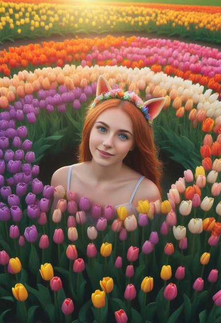 (umamusume, rhein_kraft_(umamusume), horse_ears, horse_girl, tail, 1girl, ahoge, animal_ears,)
casual, field, flower, flower_field, green_eyes, hair_between_eyes, hair_ornament, 
head_wreath, looking_at_viewer,  solo, aesthetic, absurdres, symmetric ,spiralling vortex made of multicoloured tulips, lush foliage sunrise,  ripples, reflective, jaynl-tm, rainbow, , g0ldsw0rthy,
(realistic, photo,  artistic, medium_hair, one_eye_closed, petals, relaxing, smile,  : 0.7)