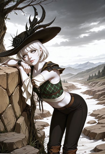 very awa, lineart, realistic, photo_(medium), [sei shoujo], [yoshiten], style parody, [bang dream!], [arcane: league of legends], [league of legends], (dynamic angle:1.3), (cowboy shot:1.2) BREAK 1girl, solo, <lora:Changeling:0.7> changeling, dark eyelids, white hair, bob cut hair with hat, white eyes, (white skin:1.2) muscular body, attractive figure, thin thighs, , perfect hands, matte lips, (affectionate), BREAK bard, wearing tartan laced (detailed green_blue and white cotton armor tankini top), flounce sleeves, black wide cuff pants, white sandals, BREAK medieval, fantasy, outdoors, detailed landscape, treeless tundra, rocks,rocks, standing, bent over, , crossed arms, against boulder, spring_(season), morning, soft light, long shadows, grey sky, overcast, cloudy sky,, cinematic lighting BREAK <lora:Expression_Detailer_Illustrious_Lora:0.7> <lora:BV_Style_Illu_Edition:0.8> BV-Illu