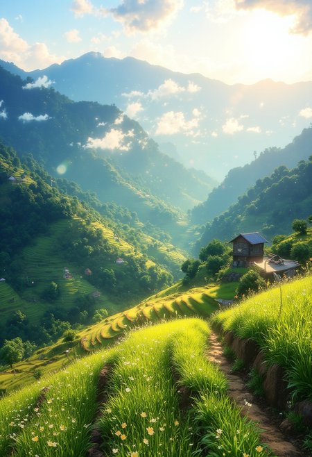 Banaue Rice Terraces at Midday
"The majestic Banaue Rice Terraces stretch across the mountains, glowing in the bright midday sun. The lush green paddies cascade down the slopes, reflecting the golden light. Wisps of clouds hover above the peaks, while a gentle breeze rustles the tall rice stalks. A small wooden hut stands among the terraces, adding to the peaceful rural charm."