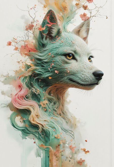 a dipiction of a kitsune, blending form with reality. Glitching the surreal with blurred dreams in Paradox Pink and Crisp Apple Green muted colors. Woven light fuses delicatly with whispering shimmers creating a eyecatching and masterpiece artwork on a white background. drifting fog, cloud light and smokey haze in floating threads finishes the dreamlike reality.