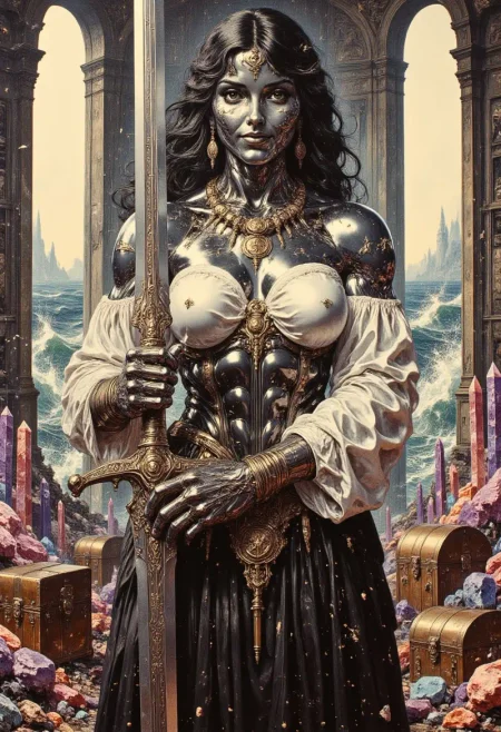 Realistic oil painting of a strong MetalFairy woman, with metallic chrome skin And flowing black hair, She's wearing a black corset with a flowing white blouse over it, a black leather pleated skirt and black leather boots. The womans strong muscular frame grips a huge sword with one hand it's jagged blade glowing faintly with runic etchings. Her expression is that of amusement, her lips curved up in a smirk.  Adorning her incredible muscular breasts are an arrangement of necklaces with ancient symbols. She stands in large room filled with treasure chests filled with gold and massive multicolored crystals, the windows in the room look down towards a raging sea. Her metallic skin sparkles with crystalline dust, and sweat trickles between her large breasts and huge muscles.