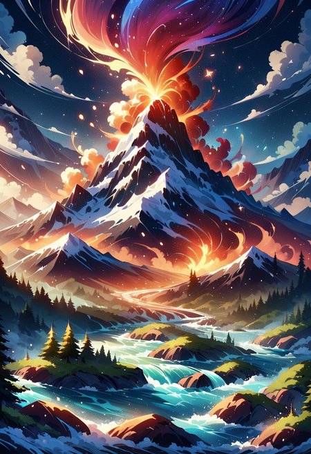 (ElementWind, ElementFire, ElementEarth, ElementWater:0.25), masterpiece, best quality, high quality, intricate, absurdres, very aesthetic, 
no humans, 
landscape, outdoors, nature, night,
mountain tops, snowy mountain, rocky mountains,
river, spring, sparkling water, waterfall, mist, rain, 
lava, magma stream, magma lines, volcano in background, erupting volcano,
trees, evergreen trees, windy, visible wing, wind lines, aurora,
ultra wide angle shot, cinematic style, highly detailed, majestic, shallow depth of field, movie still, hard light, circular polarizer, colorful, wallpaper, anime
