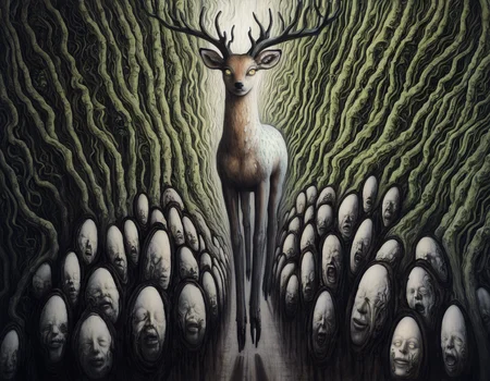 best quality, highres, absurdres, uhd masterpiece, 4k, painterly, realistic, (traditional media, sketch, inked:0.6), mecha monster, biomechanical blue deer, antlers, occult, yellow eyes, abundance of surreal plants, abundance of surreal nature, abundance of nature variation, abundance of plant variation, surreal landscape background, abundance of landscape variation, abundance of surrealism, artist: h.r. giger , horror \(theme\), shadow, hdr, <lora:HR Giger Illustrious 0.1-step00000630:0.7>
