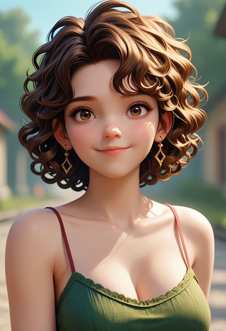 score_9,score_8_up,score_7_up,  <lora:3d_render_pdxl_goofy:1>3d render, 1girl, brown hair, brown eyes, looking at viewer, blurry background, jewelry, earrings, smile, wavy hair, short hair, upper body, outdoors, green shirt, curly hair, lips,day, closed mouth, depth of field, sleeveless, spaghetti strap, large breasts,cleavage