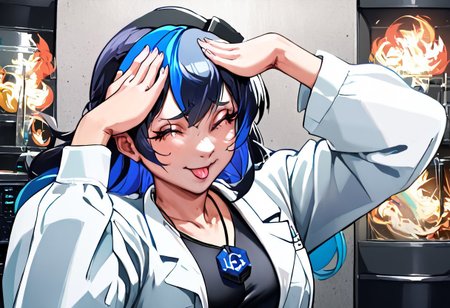 score_9, score_8_up, score_7_up, source_anime, (masterpiece, highres, best quality, 4k, very aesthetic), detailed background BREAK, ((nisegostyle, civitai-chan, 1girl, solo, solo focus, female only, AhEtoBlehMeme, closed eyes, tongue out, :p, hands on own head, smile)), (multicolored hair, black hair, blue hair, labcoat, shirt, single vertical stripe, black skirt, necklace) BREAK [SEP], ((server rack+, on fire++, servers on fire++, server room background+))