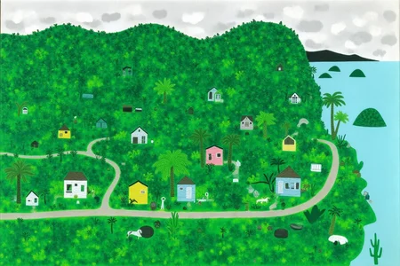 dorislee1 painting.
A lush tropical coastal town with a densely forested hillside dotted with numerous small, colorful houses. The hillside is rich green, with different shades blending together. The houses are white, yellow, pink, and light blue, with some having thatched roofs.
There is a sea on the right.
 <lora:dorislee1_cap_d6a3:1.0><lora:834816547408225133:0>