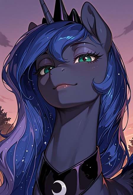 masterpiece, best quality, amazing quality, very aesthetic, absurdres, newest, solo. pony, mare, N1j1, Princess Luna,  Princess Luna is an alicorn, her body is the dark blue of the night sky,  Her mane and tail are long and wavy, Her eyes are green,  She wears a crescent-shaped ornament on her neck, and a crown on her head, sassy_expression,  arrogant face, moody_atmosphere, arrogant_facial_expression, outdoors, dusk, moon_behind, slightly_close_up, maybe_face_focus, red_dot_in_eyes