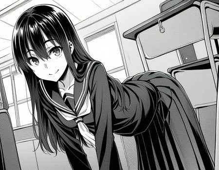 score_9, score_8_up, score_7_up, source_anime,
sakiyoshida, <lora:saki-yoshida-manga-ponyxl-lora-nochekaiser:1>,
saki yoshida, long hair, hair between eyes, monochrome, greyscale,
black hair, skirt, pleated skirt, serafuku, shirt, long sleeves, long skirt, sailor collar, neckerchief, black shirt,
indoors, classroom, bent over, smile,
looking at viewer, solo, dutch angle, cowboy shot,