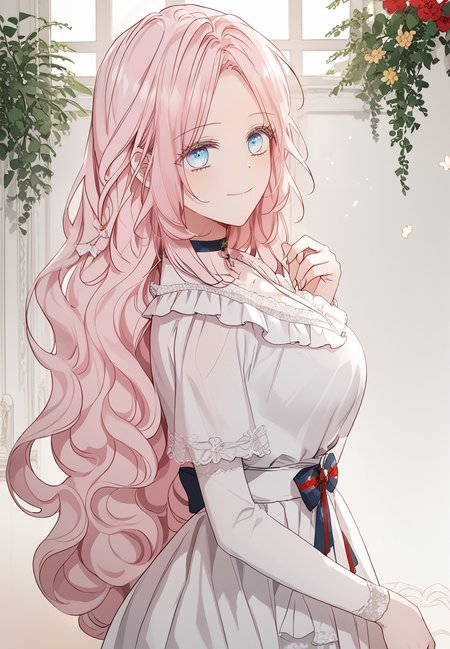 zPDXL3, score_9_up, score_8_up, score_7_up, (Anime_source),Masterpiece,(perfect female body:1.2), small waist,(incredibly detailed:1.4), slim, beautiful fingers, beautiful white skin, Beautiful clear skin, (large breasts:1.4)  thighs, looking at viewer, from side, from above, big breasts, ass, perfect ass, looking back,  <lora:Yerenica_Lebovny_-_Seduce_the_Villains_Father-Kaleid-PONY:1> yerenicalebovny, 1girl, pink hair, blue eyes, long hair, large breasts, parted bangs, smile,  closed mouth, choker, bow, white dress