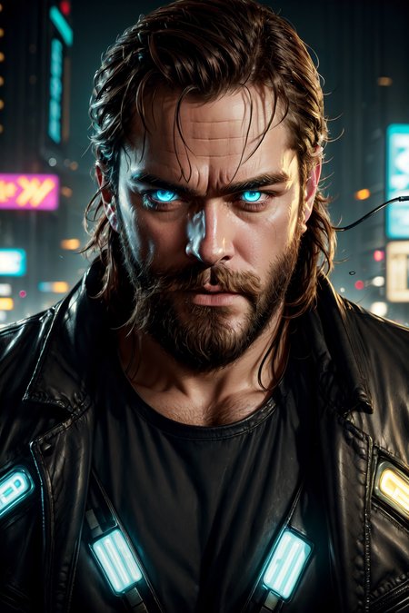 comic style, professional, 4k, highly detailed, ((masterpiece)), cinematic lighting, UHD, HDR, best quality, looking at viewer, 1 man, (neon blue cybernetic eyes, beard, masculine), (((heavily inspired by cyberpunk style art))), ((wearing a leather jacket, tshirt, jeans)), cyberpunk city background, night time, retro futuristic atmosphere, starry sky, eonn, neon lights, closeup, cowboy shot,
<lora:add_detail:0.7>
<lora:EnhancedDetail:0.7>
<lora:Joe_Doe_AI_Model_For_1.5:0.6>