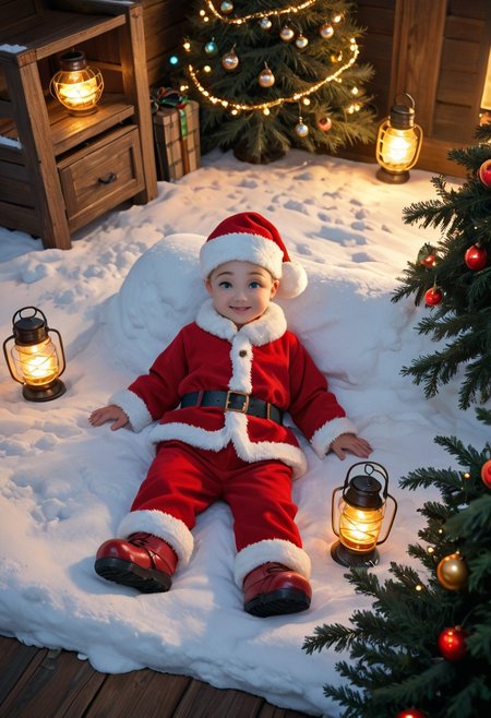 score_9, score_8_up, score_7_up, ,Rich deep teal, overhead bird’s eye view. Adorable animated baby Santa, large sparkling eyes, rosy cheeks, fluffy white beard, classic red suit.  Surrounded by snow, decorated Christmas tree, glowing lights, golden ornaments, warm red lantern. Top-down perspective, luxurious and vibrant.
chrlib,