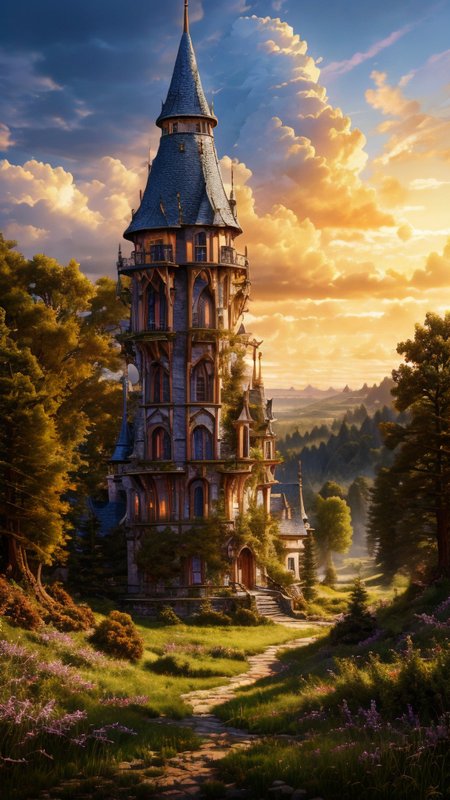 Anime, Masterwork, Magnum Opus, 
 <lora:Wizard_Tower:0.75> witow, castle, cloud, cloudy sky, grass, no humans, scenery, sky, tower, tree, <lora:Fantasy_Mountains:0.75> fanmou, footprints, forest, grass, nature, no humans, outdoors, sky, tree,
  highres, 8k, uhd, High Dynamic Range, tonemapping, crisp details,  intricate details, fine details