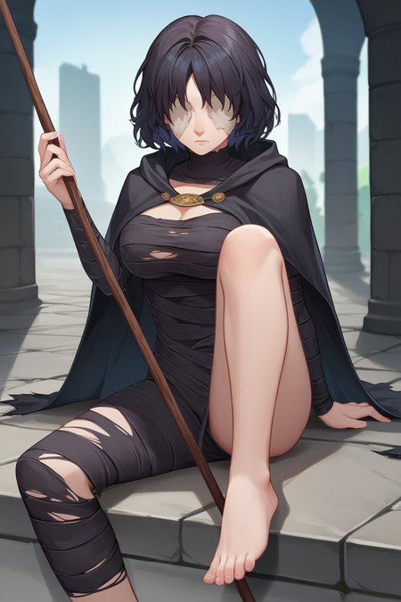 score_9, score_8_up, source_7_up, source_anime BREAK 1girl  <lora:maideninblack-pdxl-nvwls-v1:1> maideninblack, black hair, black cape, torn cape, black dress, bandages, bare feet, covered eyes, large breasts, looking at viewer, dark building, dungeon, stone floors, holding a long stick, expressionless