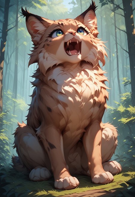 fl00ffymadn3ss, score_9, score_8_up, score_7_up, masterpiece, best quality, absurdres, vibrant, highly detailed, cute, fluffy, animal focus, fluffy baby lynx, roaring, small fangs sitting, forest