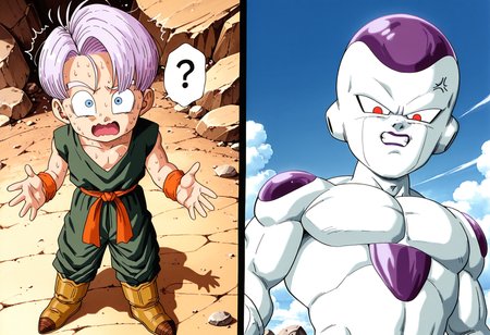 masterpiece,best quality,amazing quality,very aesthetic,absurdres,newest, highres,very awa, 2boys, multiple views, 2koma,
<lora:Kid_Trunks_-_DBZ-000011:1>, 1boy, male child, kidtrunks, blue eyes, purple hair, light purple hair, short hair, green dougi, orange wristband, orange sash, green pants, baggy pants, yellow boots, nervous sweating, confusion, open mouth, wavy mouth, scared, wide eyed, leaning back, size difference, age difference, height difference, from above, spoken question mark, looking up, looking at viewer, hands up, rock,
<lora:friezaill:1>, 1boy, muscular, alien, friezaxl, white skin, red eyes, v-shaped eyes, no eyebrows, purple lips, clenched teeth, serious, angry, anger vein, hate, clenched hands, rock, sky, cloud, from below, looking down, looking at viewer, upper body, large male, mature male, outdoors,