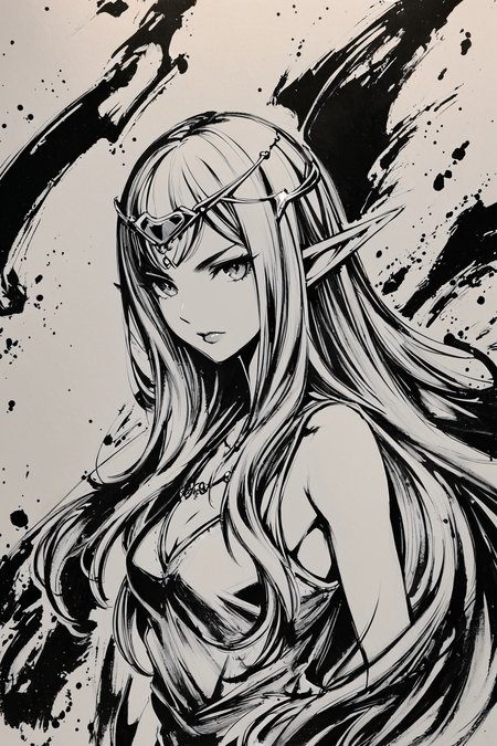 monochrome,greyscale,1girl,pointy ears,solo,elf,long hair,looking at viewer,circlet,upper body,medium breasts,dress,sleeveless,lips,bangs,closed mouth,traditional media,
<lora:okazu_XL:0.9>,