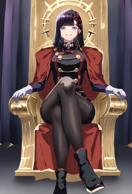 yamashiro768, purple eyes, 1girl, pantyhose, solo, purple eyes, crossed legs, gloves, sitting, smile, black hair, throne, looking at viewer, long hair, boots, white gloves, hair ornament, black pantyhose, bangs, black footwear, cape, breasts