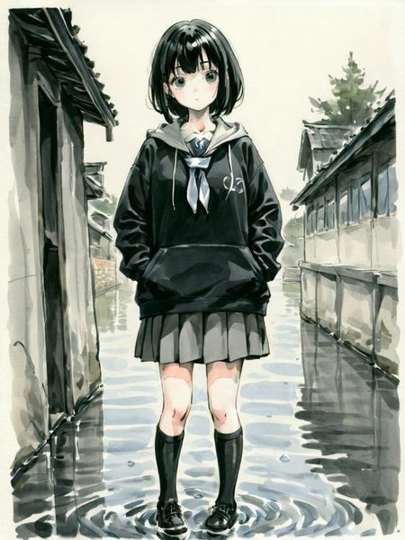 <lora:xl_shuimo-000012:1>,ink wash painting,1girl, solo, skirt, hood, socks, black hair, hoodie, kneehighs, hands in pockets, school uniform, necktie, black eyes, short hair, water, hood down, shoes