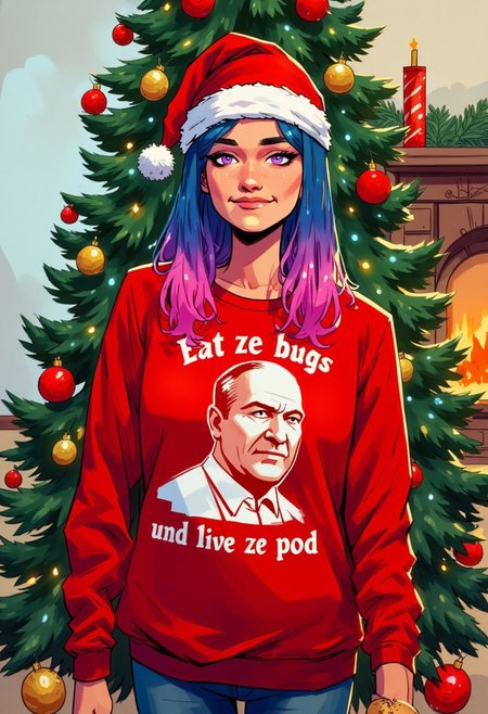 The illustration shows a young woman standing in front of a Christmas tree. She is wearing a red sweatshirt with the words "Eat ze bugs und live in ze pod" written in white soviet font and a white stencil portrait of Klaus Schwab on the front. She has long blue and pink gradient hair, purple eyes,a nosering and is holding a hamburger. The woman is also wearing a red santa hat and is smiling painfully. The Christmas tree is decorated with red and gold ornaments and lights. The background is blurred, but it appears to be a living room with a white wall and a fireplace. the lighting is cinematic.