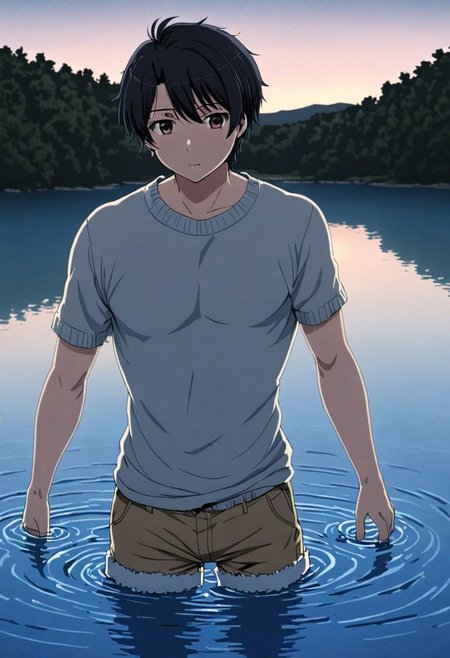 high resolution, solo, best quality, 1Boy, Inaho Kaizuka, Black Hair, swimming, natural lake, clear water, shirtless, shorts, sixpack, twilight, OverallDetail