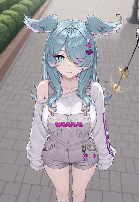 masterpiece, best quality, stmasterstyle, (((1girl))), solo,

((niji-pendora,large breasts,heterochromia,green eye,symbol pupils,@_@, glowing eyes,blue-green hair,streaked hair,head wings,long hair,hair ornament,x hair ornament,hair over one eye,covered one eye, niji-pendoracos1,grey overalls,short overalls,white sweater,long sleeves,sleeves past fingers,sleeves past wrists,single off shoulder,white socks,short socks,))

(hypnosis, pendulum, looking at pendulum, infront of head, looking at viewer), face focus, questioning look,

outdoors, park cafe background, crowded place, motion blur, 1girl focus,
