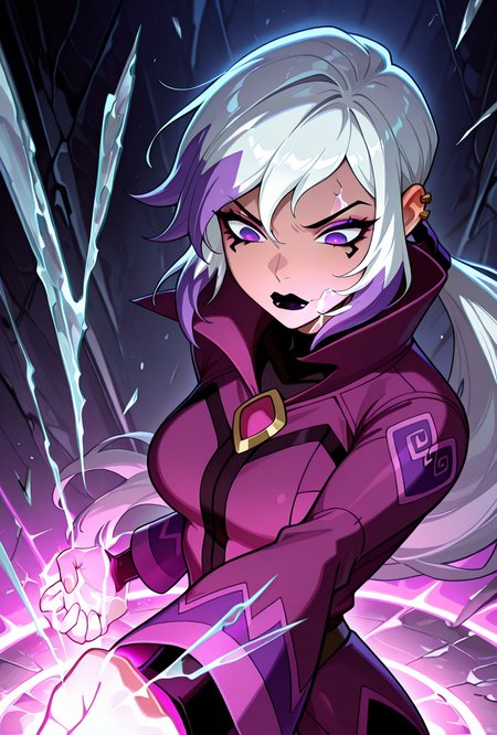 <lora:charmov:1> charmov, long hair, ponytail, , white hair,, 1girl, multicolored hair, purple eyes, ear piercing, two-tone hair, makeup, solo, long sleeves, black lips, purple jacket, long jacket, popped collar, facial expression, dynamic pose,,     <lora:Shatter_magic:1> shatter, glowing crack on air,  purple magic,  crack on air, cracked glass,  , shockwave, masterpiece, best quality, amazing quality, very aesthetic, absurdres, newest,