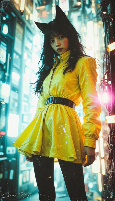 Neo Photorealistic Art Style, A Japanese girl with long fox ears and black hair obscuring her face stands boldly in neon yellow futuristic fashion. Red sneakers and black stockings contrast sharply as she poses amid countless glowing tube lights, embodying surreal Neo-Japan style.