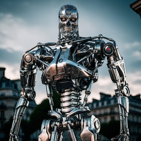 T800-1024, robot, full body, standing in postapocalyptic paris, fires, detailed eyes, highly detailed, photography, ultra sharp, film, bokeh, professional, 4k  <lora:add-detail-xl:1.5>  <lora:T800-1024-000450:0.8>