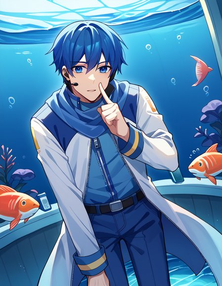 score_9, score_8_up, score_7_up, source_anime, <lora:vocaloid-kaito-ponyxl-lora-nochekaiser:1>, kaito, kaito (vocaloid), blue eyes, blue hair, male focus,, belt, blue pants, blue scarf, blue shirt, coat, headset, microphone, pants, scarf, see-through clothes, zipper, aquarium, water, fish, tanks, blue, , <lora:finger-to-cheek-ponyxl-lora-nochekaiser:1>, finger to cheek, index finger raised, pointing at self, bedroom, parted lips, leaning forward, bent over, cowboy shot, dutch angle,, looking at viewer, solo,, dutch angle, cowboy shot