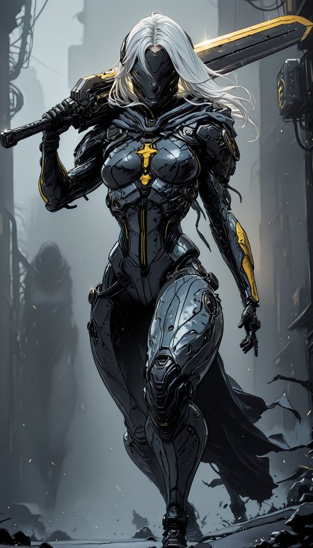 An4chr0t3ch,, covered eyes, headgear,,    holding weapon, fighting stance, holding  buster sword,huge weapon,, WCG-Illu,, kaarea masterpiece, best quality, high quality, ultra-detailed, realistic,  traditional media, vivid_color, high contrast, speed lines, move_effects, action Create a detailed digital artwork of a futuristic armored figure standing in a desolate, industrial setting. The figure is clad in sleek, dark metallic armor with a cross emblem on the chest and a flowing cape that billows behind them. The armor is adorned with various mechanical components, and the figure wields a long, sharp weapon with a metallic sheen. The background is a muted gray, with a structure that appears to be part of a larger industrial facility, and there are yellow and black stripes on the ground. The overall color palette is dominated by shades of gray, black, and silver, with splashes of white and yellow. The style of the artwork leans towards a cyberpunk or dystopian theme, with the figure exuding a sense of readiness and vigilance. 1girl, solo, long_hair, breasts, holding, full_body, white_hair, weapon, sword, holding_weapon, armor, mask, bodysuit, holding_sword, science_fiction, walking, over_shoulder, cyborg, weapon_over_shoulder, cyberpunk, An4chr0t3ch,, covered eyes, headgear,,    holding weapon, fighting stance, holding  buster sword,huge weapon,, WCG-Illu,, kaarea