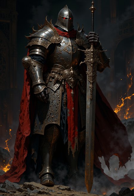 a medieval knight in full armor. The style is dark and dramatic, with a focus on the intricate details of the armor, which is metallic and reflective, showing signs of wear and battle. The knight is positioned dynamically, holding a large sword in a combat-ready stance. The armor includes a helmet with a visor, obscuring the face, and chainmail visible at the joints. The background is a dark, smoky environment with glowing embers and sparks, enhancing the intense and action-oriented atmosphere. The color palette is dominated by dark grays and blacks, with highlights of red from a tattered cape flowing behind the knight. <lora:FluxMythP0rtr4itStyle:0.6> <lora:flux.1_lora_flyway_Epic-Characters_v1:0.6> <lora:Elden_Ring_-_Yoshitaka_Amano:0.33>