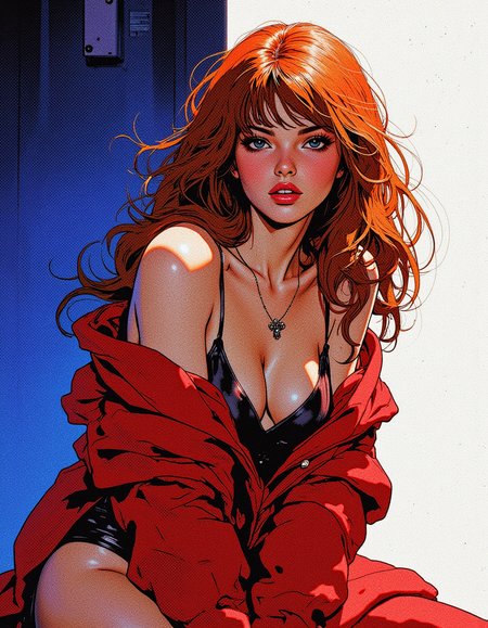 (1girl, solo, masterpiece, 8k, HDR,), ginger girl, 
character concept art of a beautiful woman leaning over, red sweater falling off her shoulder, cleavage, extremely sexy, seductive, long hair, luscious lips, comic book art, rough colored sketch, 
(small breasts, big hips, looking at the viewer),
(simple background, white background)


, sharp focus, stark lighting, medium-format camera, art by Helmut Newton, fashion photography, high-contrast, dramatic lighting, striking composition, confident and empowered woman, strong and assertive pose, fashion, sensuality, high end clothing, luxury accessories,dynamic pose, bdsm props,,

igiex.  
.. 
. The background is minimalist, a gradient of shadowy blue tones, amplifying the ethereal and futuristic ambiance of the scene. The overall composition feels cinematic, blending high fashion with a science fiction aesthetic. . Exquisite cyberpunk. retroFuturism. . 
 (Depth of field), low saturation,detail. mythp0rt Stylish, charismatic.

(depth of field)
mythp0rt,
nigiex.  
