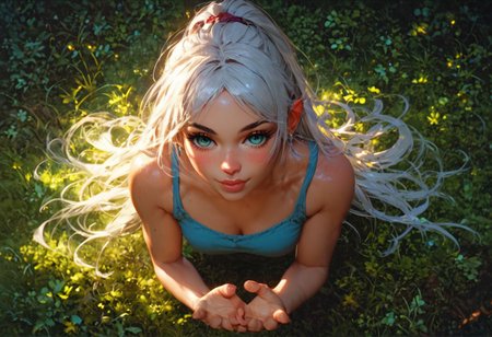 score_9, score_8_up, score_7_up,score_6_up, Frieren, sexy pose, cute pose, in the forest, full body, view from above