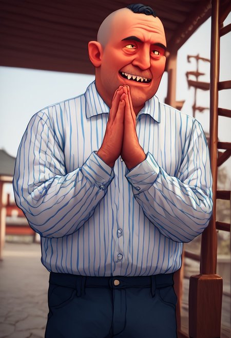 (score_9, score_8_up, score_7_up). (line work, excellent drawing, highest quality, extremely detailed:1.2). ((solo)), male_focus, 1man, old man, very fat, long sleeves shirt, pants, pale skin, happy face, big head, sharp teeth, short, fat, buzz cut hair, criminal, cheap suit, big yellow eyes, weird eyes, bug-eyed, hands up together to pray, shrine pray, praying, shrine praying, ((shrunken head)), depth of field, white background,