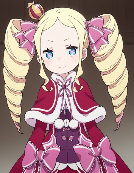 score_9, score_8_up, score_7_up, source_anime, <lora:rezero-beatrice-s3-leak-ponyxl-lora-nochekaiser:1>, beatrice, long hair, blue eyes, blonde hair, twintails, hair ribbon, sidelocks, symbol-shaped pupils, drill hair, twin drills,, dress, ribbon, fur trim, capelet, crown, mini crown, red capelet, frills, bowtie,, indoors, smile, looking at viewer, solo,, cowboy shot, dutch angle