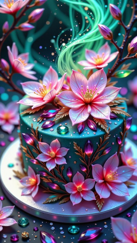 reij-ccnt, accent details, A breathtaking macro photograph of a luxurious, delicately decorated cake adorned with intricate cherry blossoms and sparkling gems, set against a background of mist in gem tones: emerald green, sapphire blue, and amethyst purple. The soft mist swirls around the cake, casting a magical, ethereal glow on each blossom and gem. The intricate petals of the cherry blossoms appear almost translucent, with dewdrops reflecting the vibrant mist, creating a scene of pure elegance and whimsy. <lora:accent4FLUX:0.8>, Jed-ppct, papercutstyle <lora:flux-papercut:0.2>, <lora:FluxDFaeTasticDetails:0.4>, <lora:Midjourney_Dreamlike_Fantasy_FLUX_LoRA:0.5>