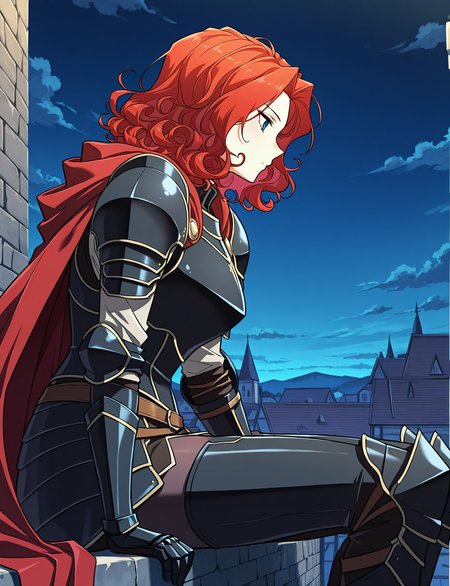 <lora:Alicia_Termina_Magentano__The_Greatest_Estate_Designer:1>
1 girl, solo, red hair, blue eyes, medium hair, curly hair
armor, red cape, black shoulder armor, black pauldrons, black gauntlets, black breastplate
score_9, score_8_up, score_7_up, score_6_up, source_anime, masterpiece, best quality, absurdres, highres, newest, anime coloring <break>  1girl, solo, sitting, on wall, from side, town, night sky, cloud
