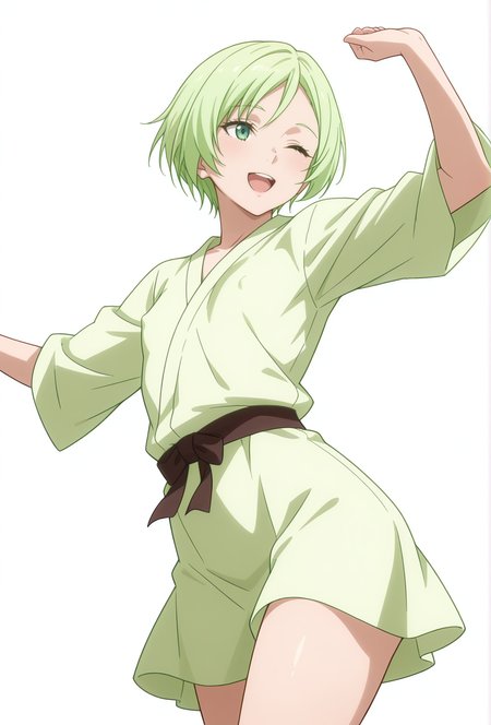 Smooth Quality,masterpiece,very intricate, high quality details, ultra realistic, high detailed skin,detailed enviorement,absurdres,
simple background, white background,solo,
from below,dancing, covered nipples, 
;d,
unitard,  ,robe,  ,short skirt,,
 <lora:Trya_CNR:0.7>trya_cnr, 1girl,green hair, short hair, green eyes, androgynous,