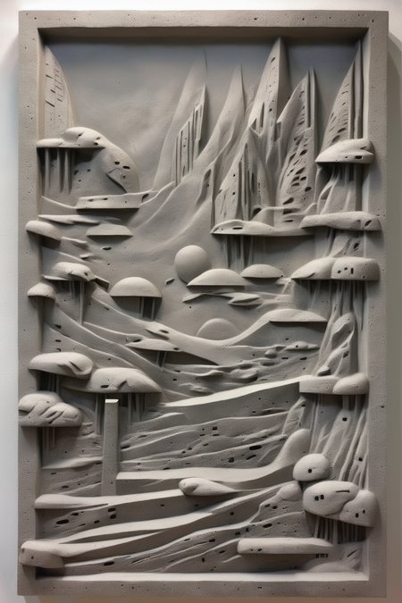 <lora:BAS-RELIEF:1>BAS-RELIEF - a rugged croncrete-casted bas-relief depecting brutalist landscapes