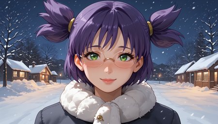16k, 8k, 4k,
score_9, score_8_up, score_7_up, source_anime, flat anime,
best quality, masterpiece, ultra detailed,
<lora:Expressive_H:1>, light smile, (blush:1.3), closed mouth, lips, nose, glasses,
looking at viewer, portrait, upperbody,
<lora:Everlasting_Summer_Lena_by_GraffMetal_V1.2:1>, 162 cm height, 18 years old, lena, purple hair, green eyes, short hair, short twintails, twintails, two side up, bangs, solo, large breasts, mature, 
winter outfit,
amazing background, winter, night, snow, snowing, warm light,