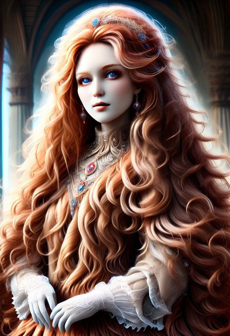 (made of w00kiee), (masterpiece), (castle:1.6), (pale skin), jewelry-tiara, ruby_deep-orange hair, long wavy hair, nose, (shiny lip), closed mouth, long dress made of w00kiee, white garter, elbow gloves, royal_cape, looking at viewer, standing, close-up, censored, puffy sleeves, closed dress, beautiful high-neck top, fully dressed, (ANATOMICALLY CORRECT:1.6), (scenery:2),  natural correct blue eyes, vintage-gala, Philia Hema.